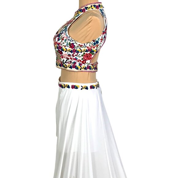 Custom 2PC Set Pageant Floral Embroidered Halter Top White Shorts Chiffon Skirt - Picture 7 of 10